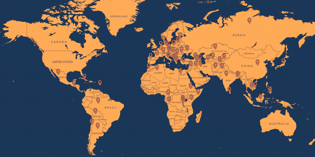 World map with pins of native freelancer origins.